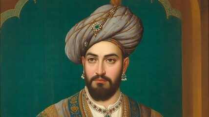 Fototapeta premium Portrait Painting of a Hindu Maharaja Resting on a Chowki. Decorative Floral Illustration Inspired by Indian Historical Kings. Generative AI. 