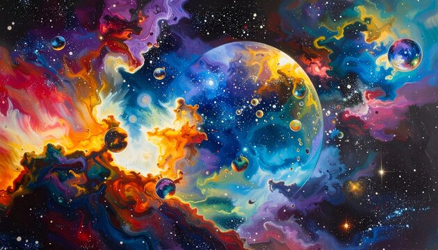 Vibrant cosmic nebula with celestial bodies and distant stars
