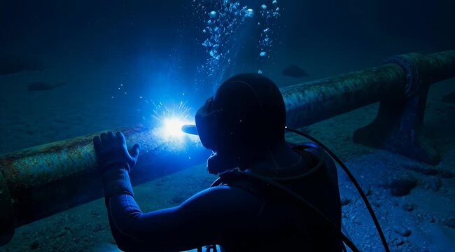 Underwater Welder Intense Sparks Diving Pipe Ocean Industrial Dive