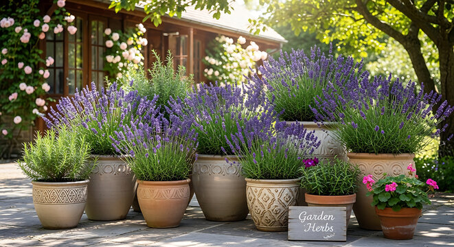 Beautiful decorative terracotta pots filled with blooming purple lavender flowers arranged in a sunny backyard garden of a summer house floral decoration for home gardening and floriculture