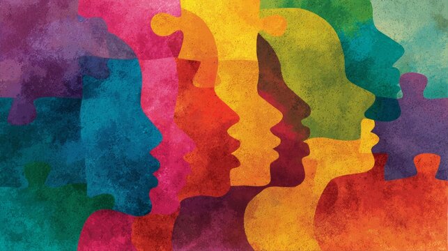 Vibrant colorful puzzle pieces forming a unity concept, symbolic representation of diversity, inclusion, equality and belonging, abstract teamwork idea with different pieces connecting together to sho