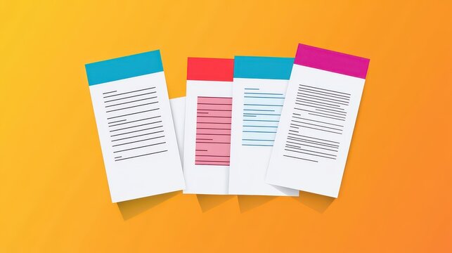 Four documents with color-coded headers on yellow background.