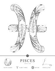 Modern magic witchcraft card with astrology Pisces zodiac sign characteristic. Hand drawing art product. Vector illustration © annbozhko