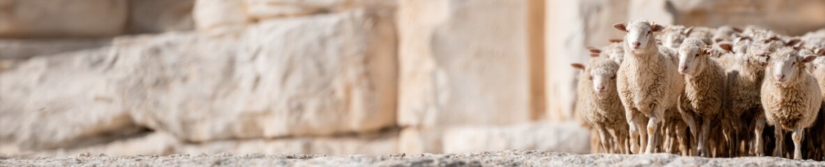 Obraz premium Flock of Sheep Walking Together in a Stone Setting for Christian Ministry and Biblical Narrative Context, Ideal for Banner Background with Wide Horizontal Copy Space