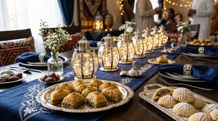 Fototapeta premium Lavish Ramadan Iftar Feast Table with Baklava, Lanterns and Blue Decor