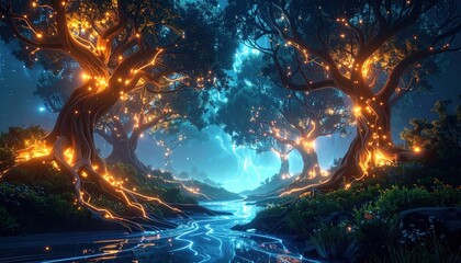 Fototapeta premium Glowing trees frame a mystical river scene under a starlit night