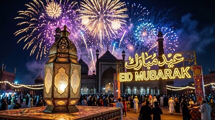 Obraz premium Eid Mubarak Celebration with Fireworks Over Grand Mosque and Golden Lanterns