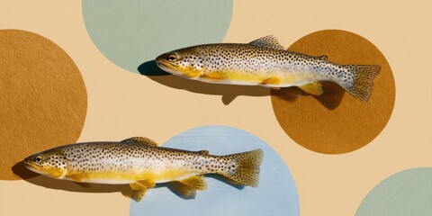 Two rainbow trout on abstract paper background with sage green and tan circles for nature conservation, environmental research, or sustainable aquatic life editorial