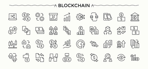 Blockchain icon set. Minimal thin line web icons set. Editable vector. Block simple icon set. Contains such icons as mining, wallet, tech, coin, chain, bit, network and more.