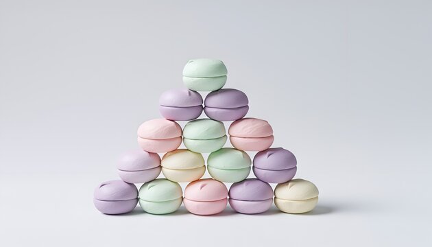 Pastel, spherical treats stacked in a neat triangular pyramid
