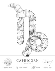 Modern magic witchcraft card with astrology Capricorn zodiac sign characteristic. Hand drawing art product. Vector illustration © annbozhko