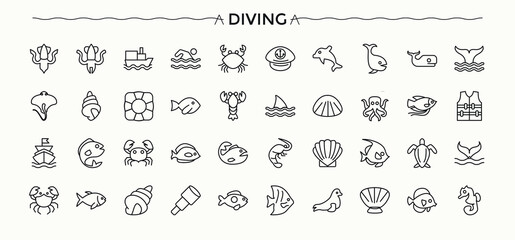 Diving icon collection. Collection for mobile and web apps. Containing swimwear, swimmer, shower, swimming, swim. Pixel perfect. Editable stroke. Swimming modern icon set.