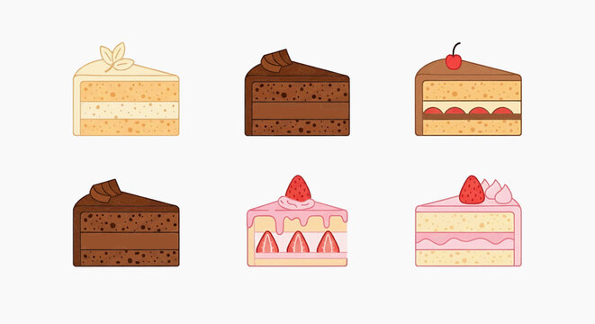 Assorted cake slices with various toppings and fillings displayed on a plain background from a front viewpoint