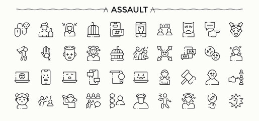 Assault icon collection. Web icons pack. Bullying icon set. Pictograms of bullying, abuse, violence, bully, crime, man and more.