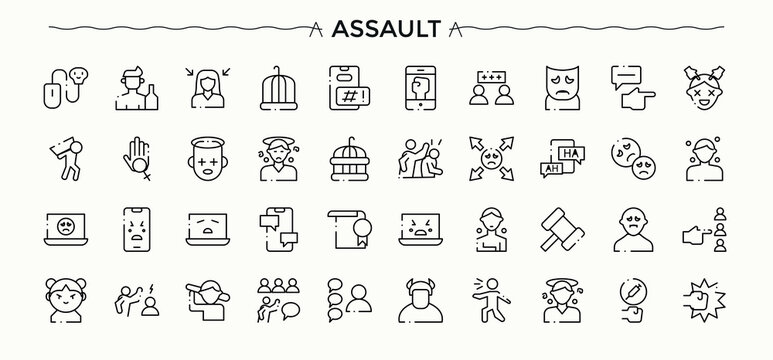 Assault icon collection. Web icons pack. Bullying icon set. Pictograms of bullying, abuse, violence, bully, crime, man and more.