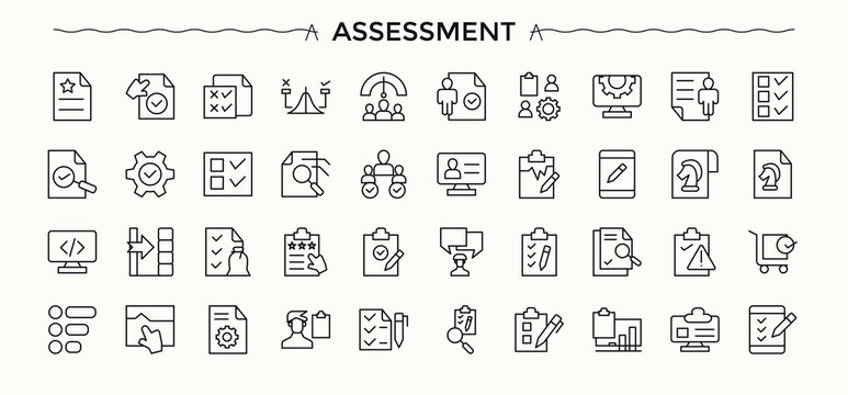 Assessment related icon set. Minimalist vector collections. Editable vector. Inspect icon pack. Contains outline symbols like check, research, graph, audit, magnify and more.