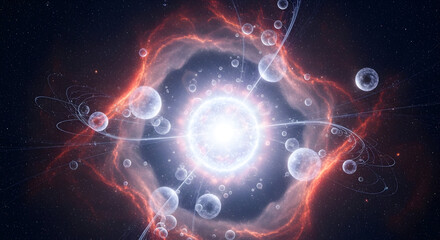 Obraz premium Abstract cosmic nebula with glowing star and orbiting celestial bodies creating a vibrant and ethereal celestial phenomenon in deep space