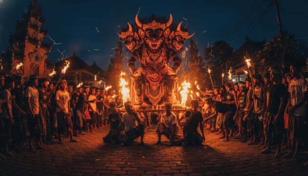 Balinese Night Procession with Multi-Headed Mythical Effigy Illuminated by Torches and Temple Architecture