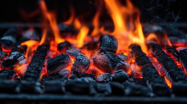 Glowing Charcoal In Flames On A Grill, Radiating Heat And Light Creating An Intense Warm Ambience, Perfect For Barbecue Cooking And Grilling Activities