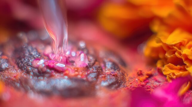 Close up of Shiva Lingam being anointed with sacred water and flowers during Hindu Abhishek ceremony, traditional religious worship for Maha Shivratri festival