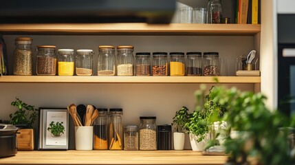 Cozy modern kitchen shelf displaying jars of various spices, herbs, and utensils surrounded by fresh greenery in a bright and inviting atmosphere.