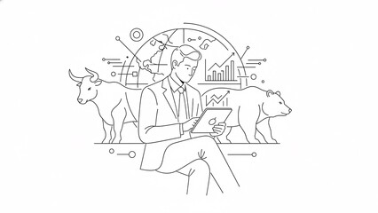 Financial analyst reviewing market trends with bull and bear symbols