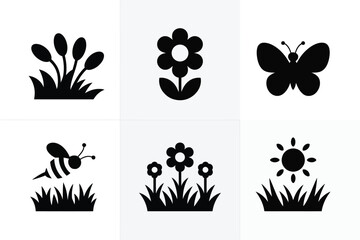 Black silhouettes of nature and insects flower butterfly