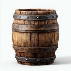 Fototapeta premium Wooden barrel with metal bands, aged texture, on white background