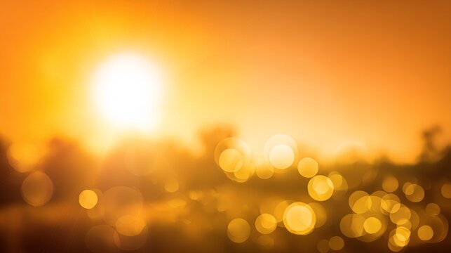 Warm sunlight bokeh background with natural blurred sky, glowing orange light patterns and soft evening clouds, abstract warm color gradient with bright sun flare and dreamy atmospheric backdrop for f