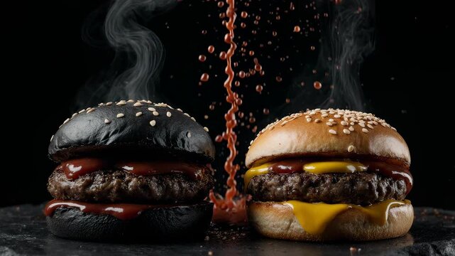 Two Juicy Gourmet Beef Burgers with Black Charcoal Bun and Classic Sesame Bun, Steam and Sauce Splashing on Black Background