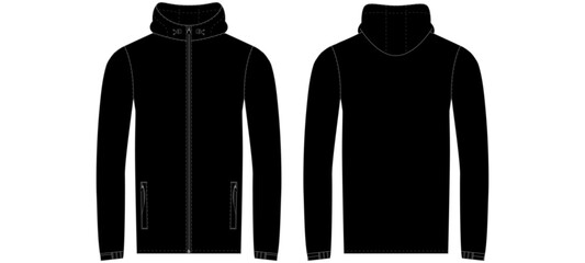Black Hooded Zip Jacket Front and Back View Vector Template © Toor graphic