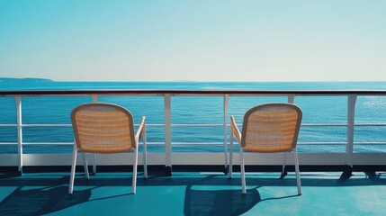 Fototapeta premium Serene Ocean View from a Cruise Ship Deck with Two Empty Chairs Facing Tranquil Waters Under Clear Sky on a Beautiful Sunny Day, Evoking Relaxation and Peacefulness