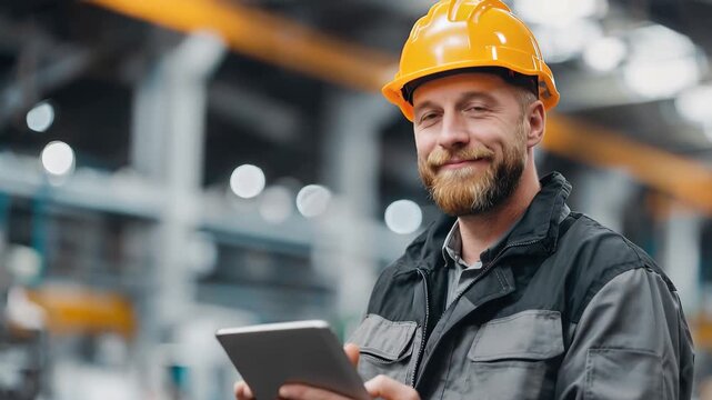 Smiling engineer conducts inspection in production workshop while using tablet to check details of ongoing processes