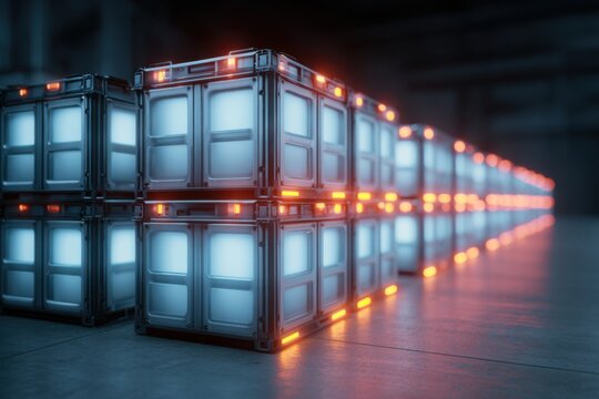 Glowing Energy Storage Blocks in Futuristic Facility