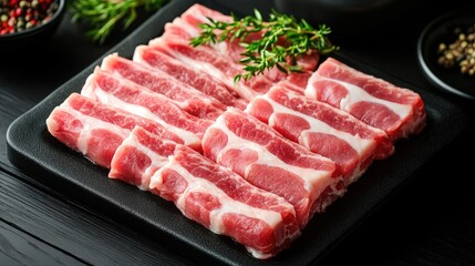 Fototapeta premium Freshly sliced pork belly on a black plate garnished with herbs and surrounded by bowls of spices, ready for cooking or grilling in a modern kitchen
