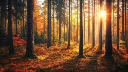 Obraz premium Golden Sunlight Filters Through Autumn Forest Canopy