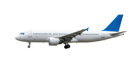 Fototapeta premium Modern commercial passenger airplane, white fuselage, blue tailfins, twin jet engines, extended landing gear, on white studio background with copy space, concept of modern air transportation