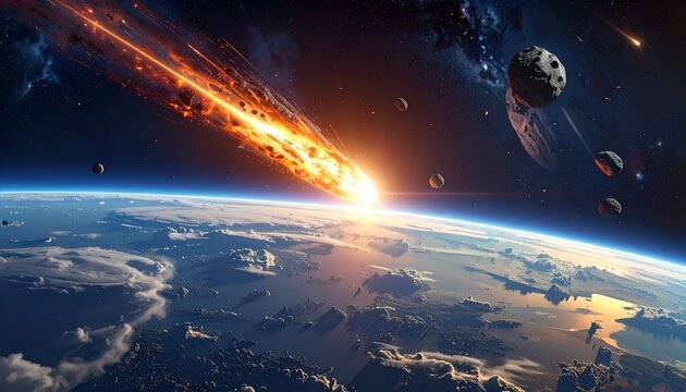 Fiery celestial object enters atmosphere above planet surface