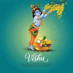 Traditional Vishu festival greeting illustration featuring Lord Krishna (Unnikrishnan) joyfully reaching for blooming golden Konna flowers (Cassia fistula). A decorative Vishu Kani arrangement  © Arun