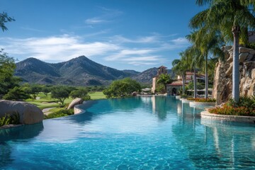 Obraz premium Luxury Golf Resort Infinity Pool with Mountain Backdrop