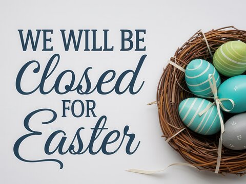 Easter eggs in a nest with a sign that says we will be closed for easter holiday