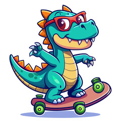 Cute cartoon dinosaur wearing sunglasses riding a skateboard, vibrant colors, fun character illustration