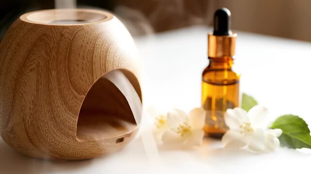 Wooden aromatherapy diffuser emits steam next to essential oil and jasmine.