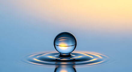 Crystal clear transparent water droplet on sleek smooth surface featuring vivid blue and yellow light reflections in a macro shot capturing purity and liquid fluid texture.