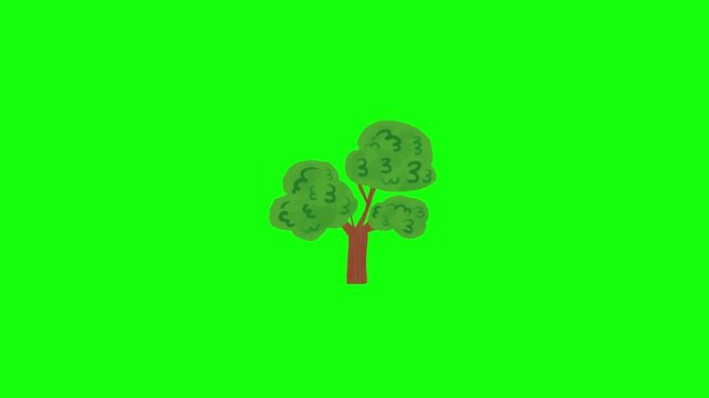 Cute painted cartoon tree gently swaying left and right in the wind, soft trunk bend and overlapping leaf motion, seamless loop on bright green chroma key background, no text.

