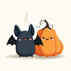 Fototapeta premium Cute Cartoon Bat and Pumpkin Duo Smiling