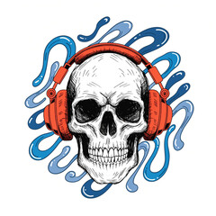 Hand-Drawn Skull Wearing Red Headphones with Abstract Blue Splashes, Music Concept