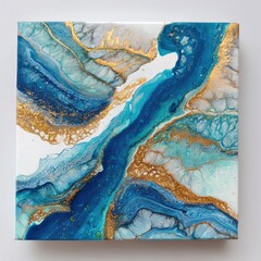 Square canvas art showing abstract ocean-inspired fluid swirls with gold and blue tones