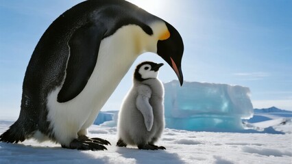 Obraz premium Adult emperor penguin standing with its chick on snowy Antarctic ice, with icebergs in the background