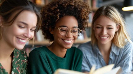 Obraz premium Three friends sit closely in a warm café, fully engaged in a book. Their smiles light up the room as they share stories and laughter, surrounded by shelves of books